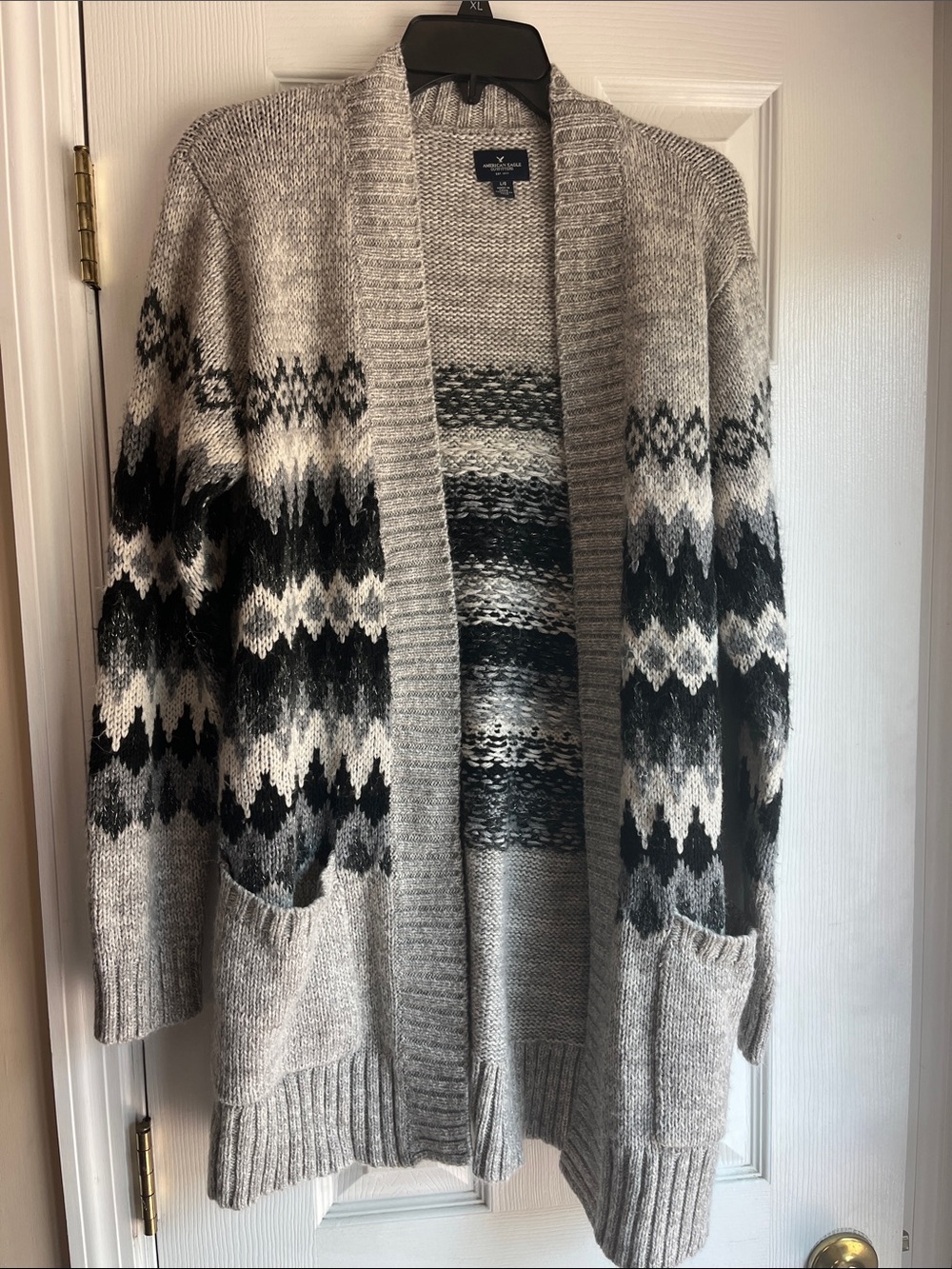 American Eagle Outfitters Gray and Black Fair Isle Open Cardigan